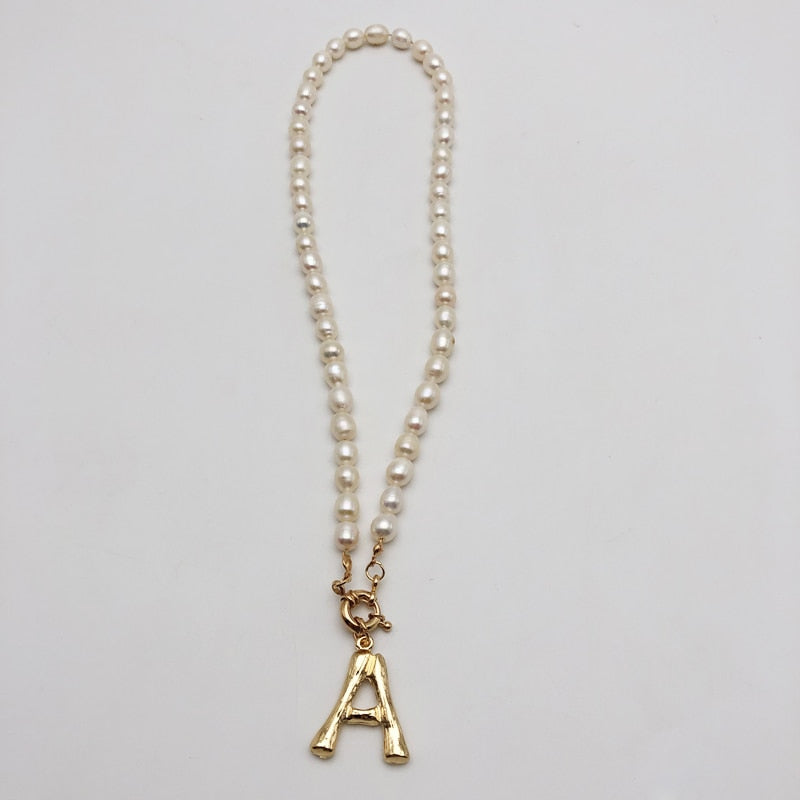 Real Pearl Necklace Choker Alphabet A-Z Initial Pearl Necklace Stainless