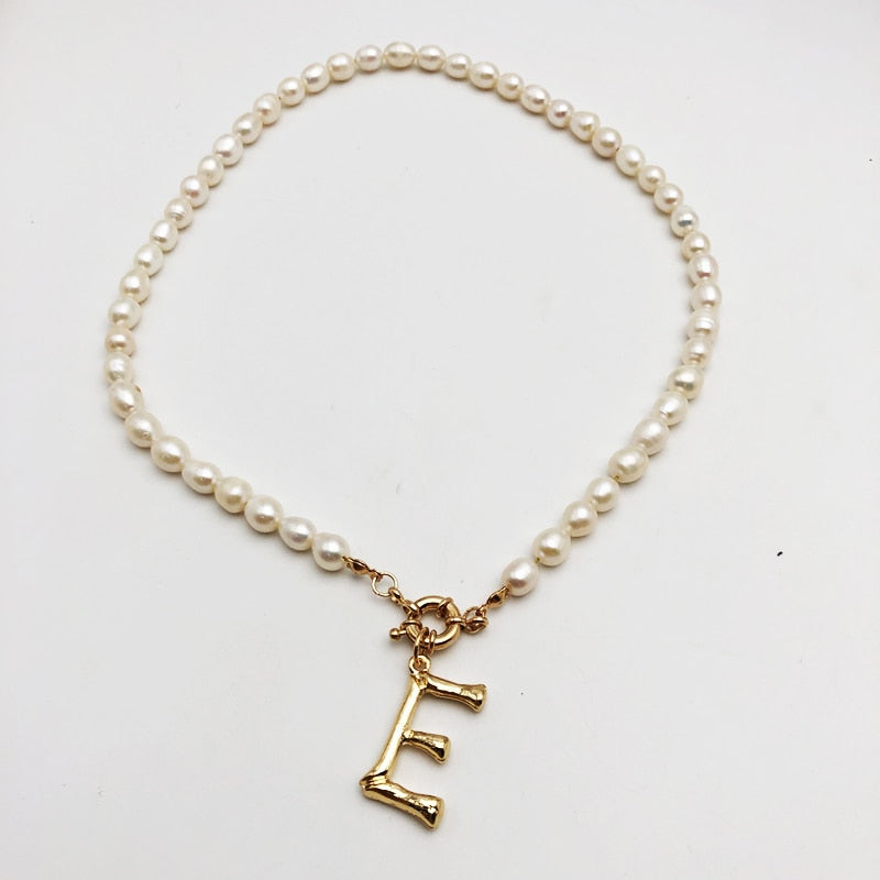 Real Pearl Necklace Choker Alphabet A-Z Initial Pearl Necklace Stainless