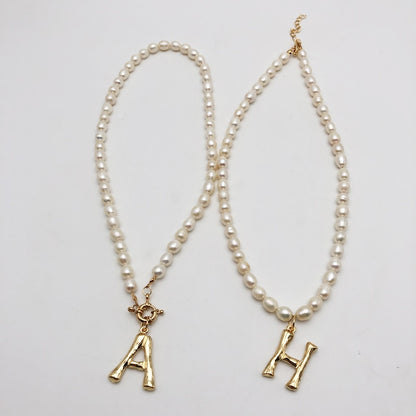 Real Pearl Necklace Choker Alphabet A-Z Initial Pearl Necklace Stainless