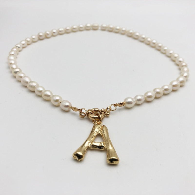 Real Pearl Necklace Choker Alphabet A-Z Initial Pearl Necklace Stainless