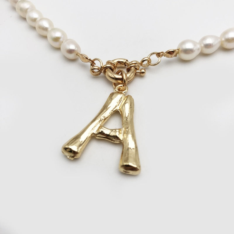 Real Pearl Necklace Choker Alphabet A-Z Initial Pearl Necklace Stainless