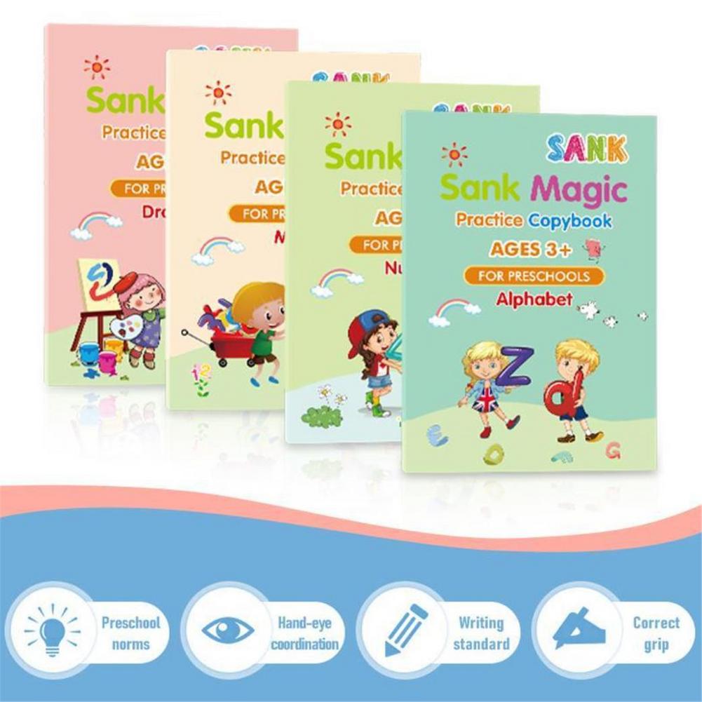 4 Books + Pen Magic Practice Copybook Free Wiping Children's Copybook