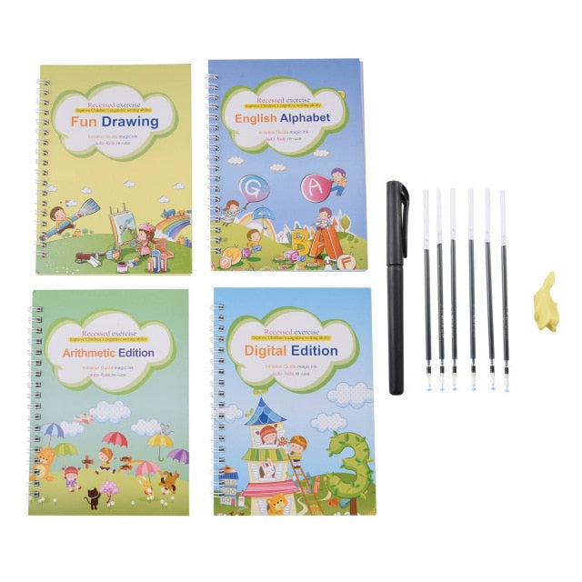 4 Books + Pen Magic Practice Copybook Free Wiping Children's Copybook